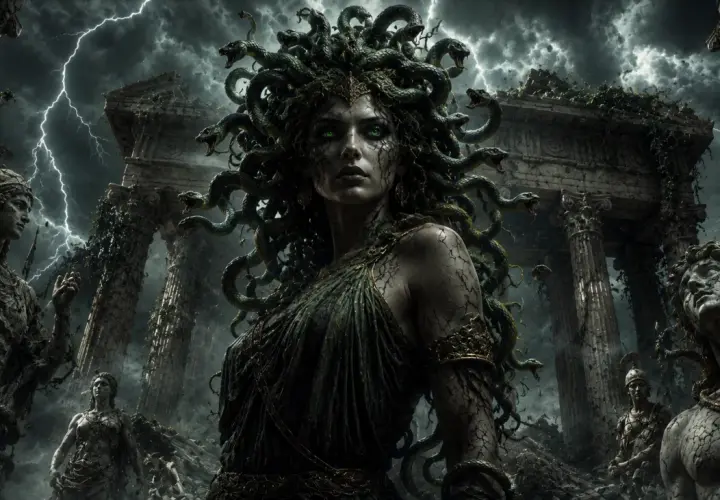 Medusa, figura della mitologia greca, con capelli di serpenti e sguardo che pietrifica, domina rovine antiche sotto un cielo tempestoso.