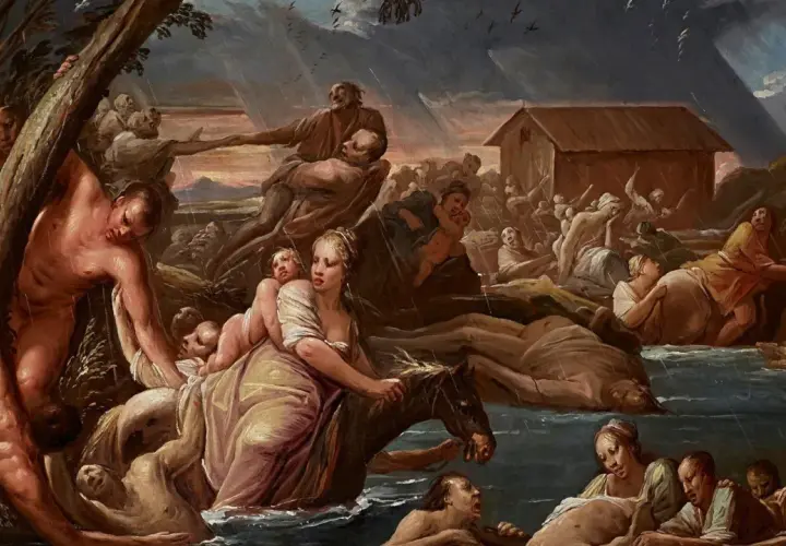 Scene drammatica di gente che lotta contro le acque in tempesta, un'arca in lontananza. Un'evocazione dei miti del diluvio.