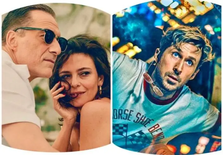 Coppia seducente e uomo con sguardo mefistofelico in un collage di immagini.