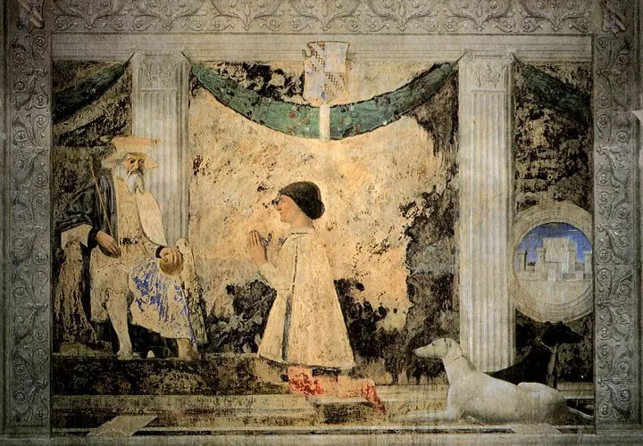 Affresco del Tempio Malatestiano, opera di Leon Battista Alberti, con un anziano barbuto e un giovane in preghiera, accompagnati da cani.
