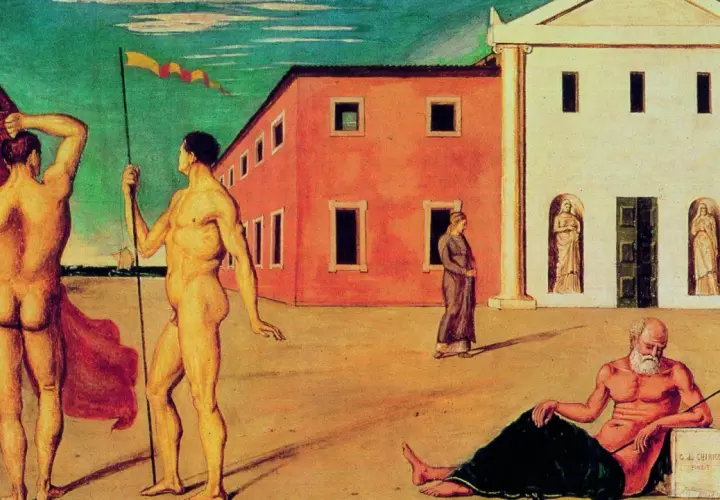 Piazza metafisica con statue, figure maschili nude e un vecchio pensieroso. Un'atmosfera di melanconia de Chirico.