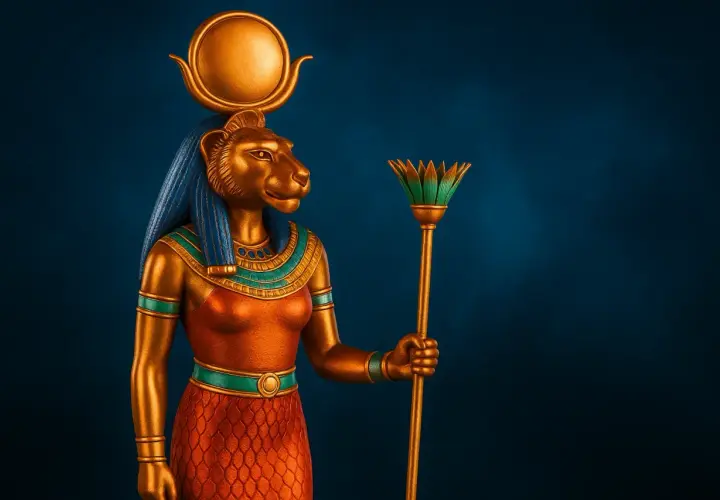 Statua dorata di Sekhmet, dio dell'amore egizio, con testa di leone, disco solare e scettro di loto.