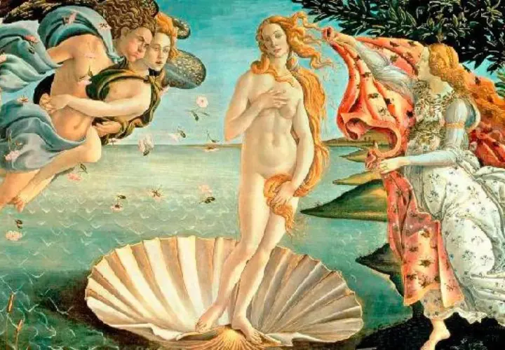 La dea della seduzione, Venere, emerge dal mare su una conchiglia, accolta da Zefiro e Aura, mentre una ninfa attende per coprirla.