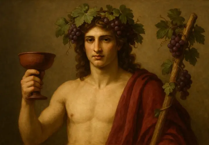 Dioniso, chi era? Il dio del vino, con corona d'uva e coppa in mano, avvolto in un drappo rosso.