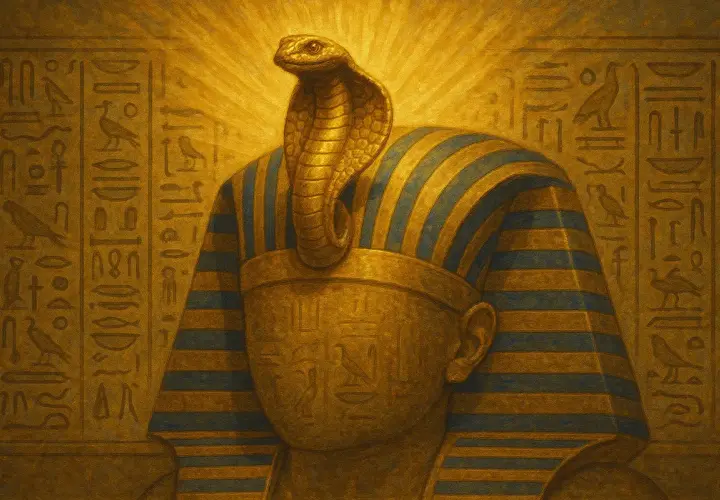 L'ascesa della divinità dei serpenti: un faraone dorato con cobra Uraeus e geroglifici sacri.