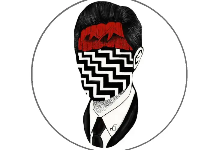Volto stilizzato con montagne rosse e pattern a zig-zag, che evoca i **twin peaks simboli**.
