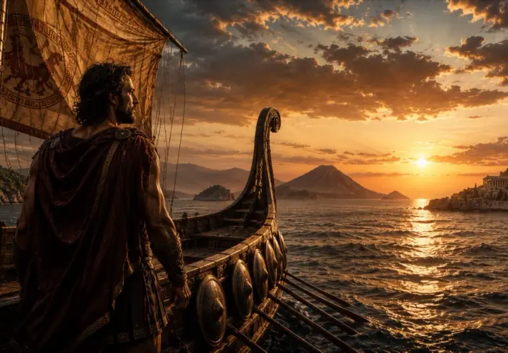Un guerriero greco su una nave guarda il tramonto, forse pensando a quando è nato Ulisse e alle sue future avventure.