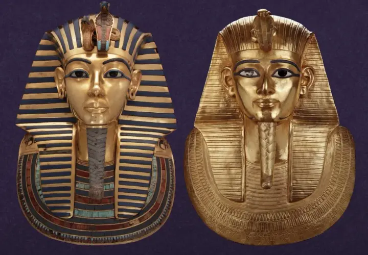 Maschere dorate di faraoni egiziani più importanti, Tutankhamon e un altro sovrano, su sfondo viola.
