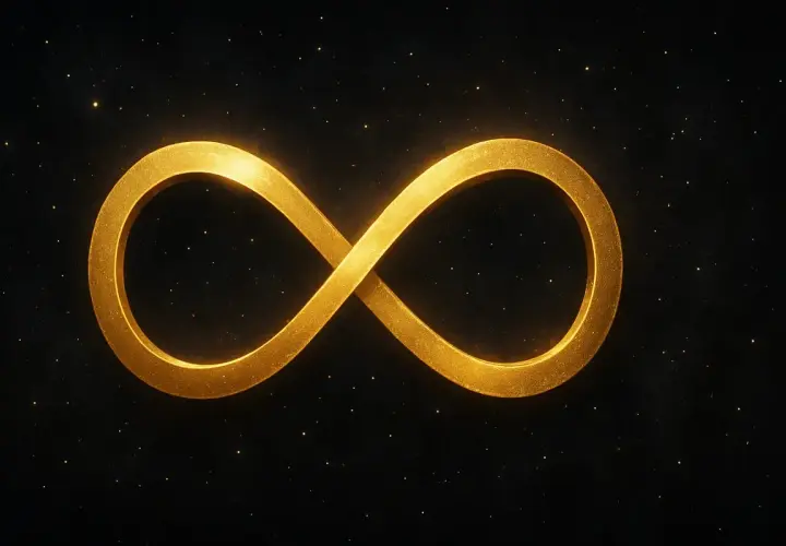 Simbolo dell'infinito significato: un nastro dorato che fluttua su uno sfondo stellato, evocando eternità e connessione.