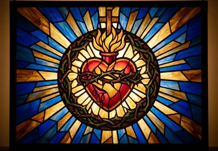 Vetrate colorate con il Sacro Cuore, simbolo di amore divino e rinascita, con un significato esoterico profondo.