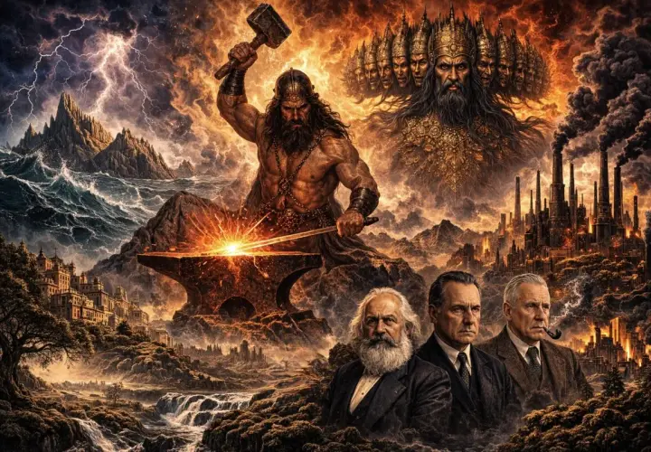 Un fabbro mitologico forgia il destino, mentre figure storiche osservano un'industria fumante. Il protome significato è la testa scolpita, simbolo di potere e origine.