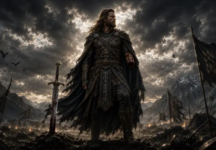 Tyr, dio della guerra, con la sua armatura scura e la spada insanguinata, domina un campo di battaglia desolato sotto un cielo tempestoso.
