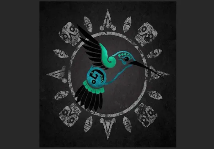 Colibrì stilizzato con decorazioni azteche, simbolo di rinascita e messaggero divino nella simbologia Maya.
