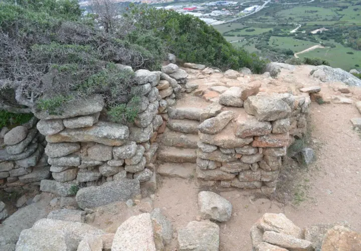 Antiche pietre del nuraghe Cabu Abbas, con gradini in pietra e vegetazione mediterranea.