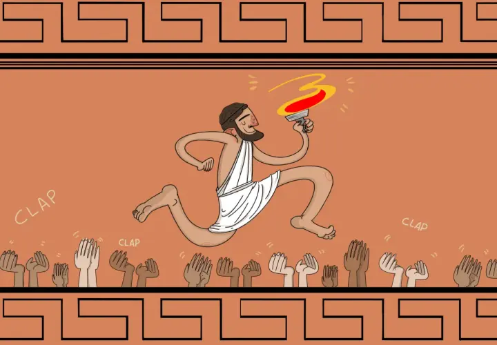 Il mito di Prometeo e il fuoco: un uomo corre con una torcia accesa, acclamato da mani che applaudono.