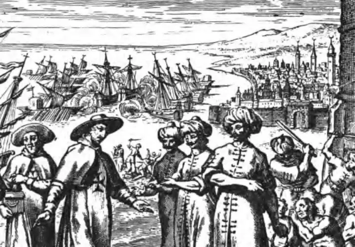 Un porto affollato con navi all'ancora, una città sullo sfondo e un gruppo di persone in primo piano, forse i pirati sardi in attesa.