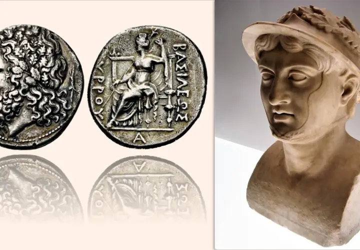 Busto in marmo di Alessandro d'Epiro con monete antiche raffiguranti il suo profilo e una figura seduta.