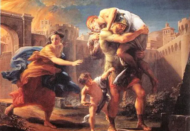 Enea, principe troiano che tradì la patria, fugge da Troia in fiamme portando il padre Anchise e il figlio Ascanio, mentre Creusa lo segue.
