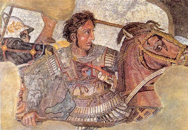 Mosaico raffigurante Alessandro Magno a cavallo, un'icona della Macedonia ai tempi di Alessandro Magno, in battaglia.
