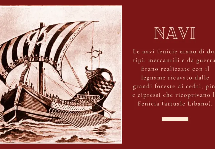 Illustrazione di una nave fenicia, simbolo dell'organizzazione sociale e commerciale dei Fenici, con vele a strisce e remi.