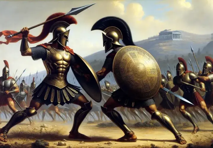 Ettore e Patroclo si affrontano in battaglia, circondati da guerrieri. Le armature dorate brillano sotto il cielo nuvoloso, mentre le lance e gli scudi si preparano allo scontro.