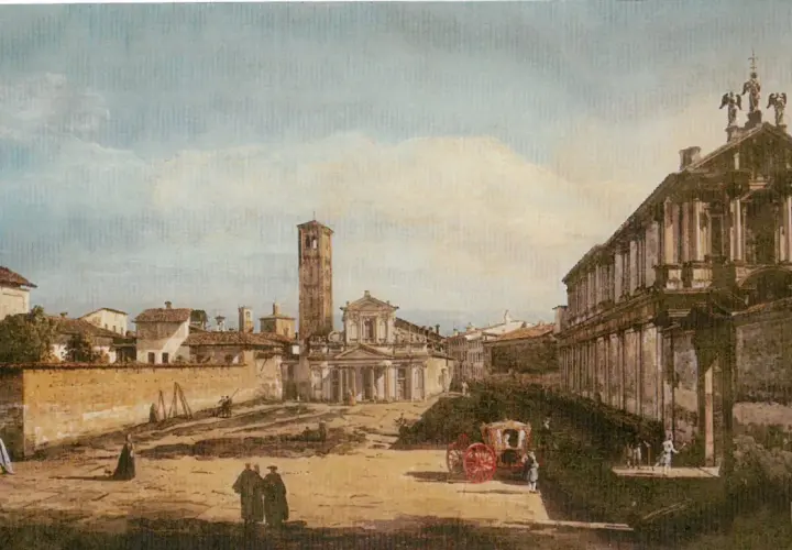 Veduta di San Paolo Converso a Milano, con la chiesa, il campanile e una carrozza d'epoca.