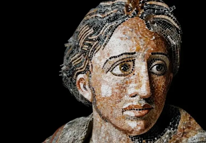 Mosaico di Alessandro Magno, con uno sguardo intenso negli occhi che sembrano scrutare l'orizzonte.