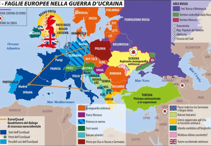 Mappa Europa: la "nuova cortina di ferro" e le faglie geopolitiche. Il revanscismo significato si riflette nelle aree di influenza.