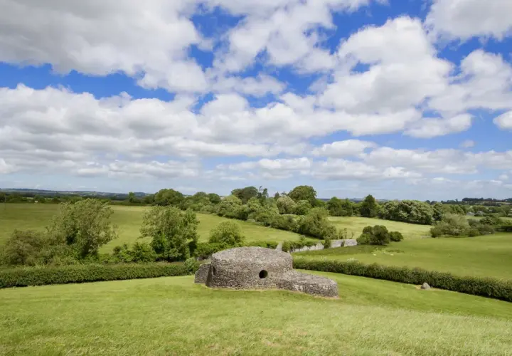 Antica struttura in pietra, forse un sito archeologico di Bru na Boinne, immersa in un paesaggio verdeggiante sotto un cielo azzurro con nuvole bianche.
