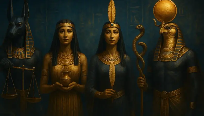 Figure divine: Anubi con bilancia, due dee egizie con vasi e piume, e Ra con serpente.