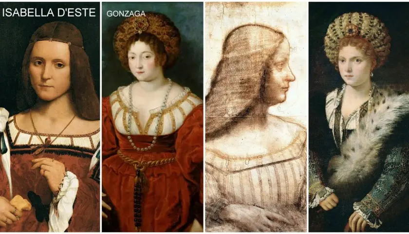 Quattro ritratti di Isabella Maria d'Este, una nobildonna rinascimentale, mostrano la sua eleganza in diverse pose e abiti.
