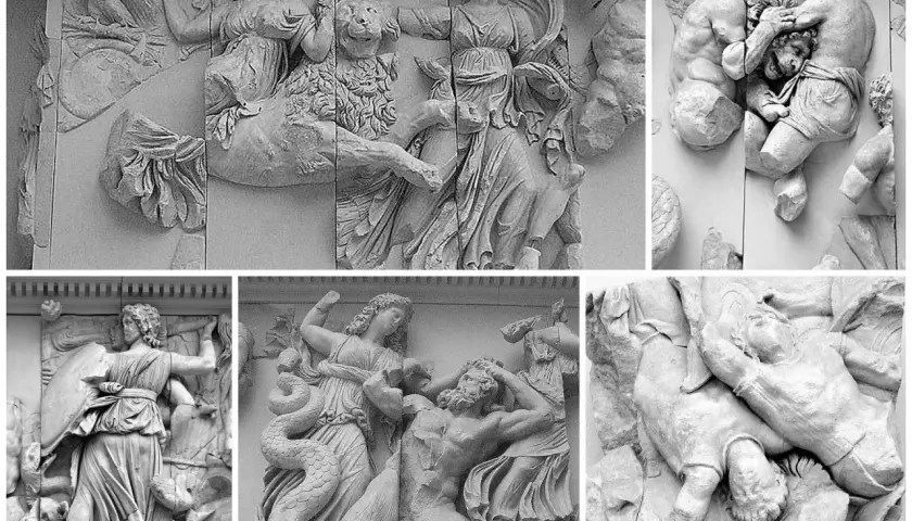 Dettagli del fregio dell'altare di Pergamo: divinità e giganti in lotta.