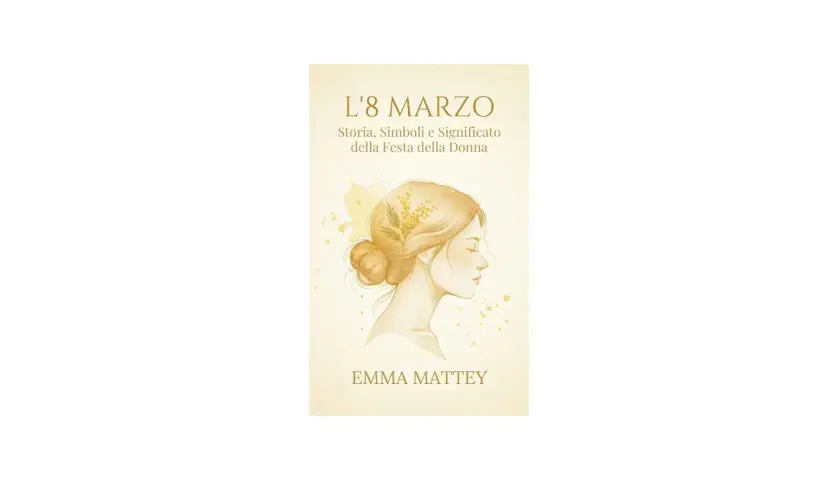 Copertina libro "L'8 Marzo": ritratto di donna con mimosa, celebrazione del mese di marzo e della Festa della Donna.
