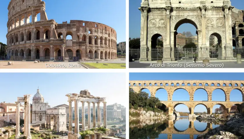 Colosseo, Arco di Trionfo e Fori Romani a Roma, con il Pont du Gard in Francia. Maestosi archi romani che sfidano il tempo.