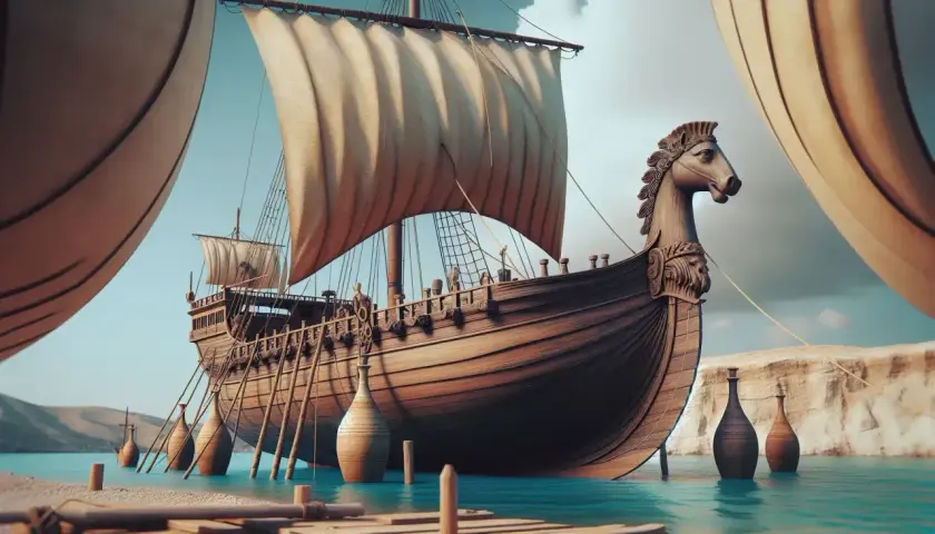 Antica nave fenicia con prua a forma di cavallo, simbolo dell'economia dei Fenici basata sul commercio marittimo.