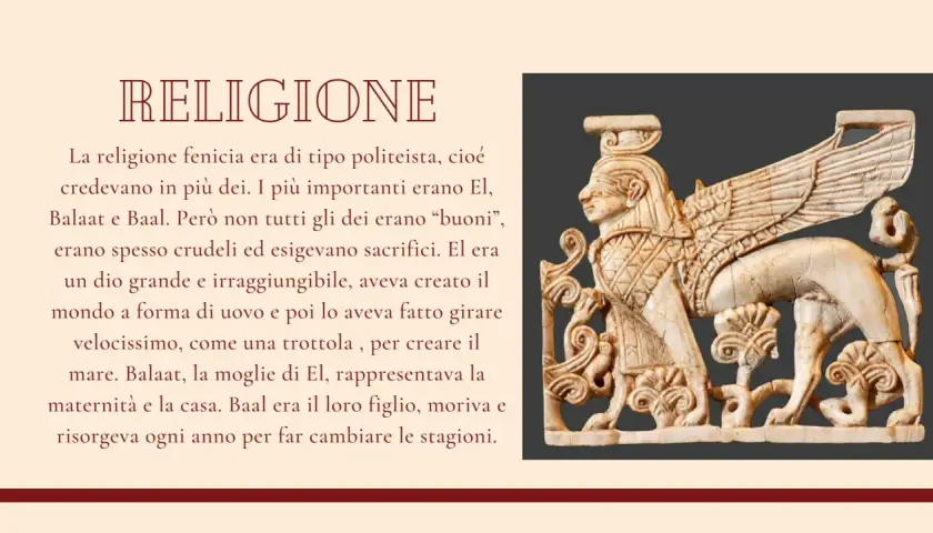 Antica scultura fenicia raffigurante una sfinge alata, simbolo della loro religione politeista. I Fenici credevano in molti dei, tra cui El, Balaat e Baal.