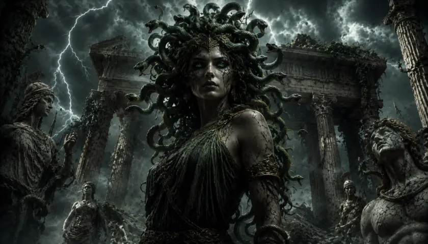 Medusa, figura della mitologia greca, con capelli di serpenti e sguardo che pietrifica, domina rovine antiche sotto un cielo tempestoso.
