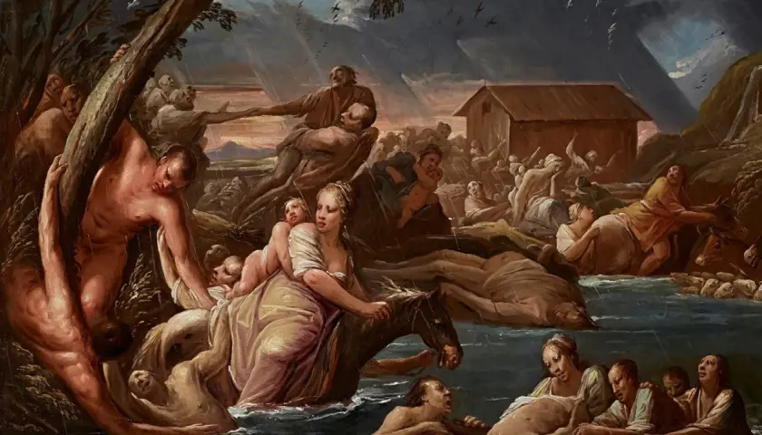 Scene drammatica di gente che lotta contro le acque in tempesta, un'arca in lontananza. Un'evocazione dei miti del diluvio.