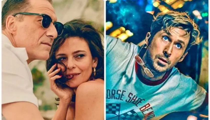 Coppia seducente e uomo con sguardo mefistofelico in un collage di immagini.