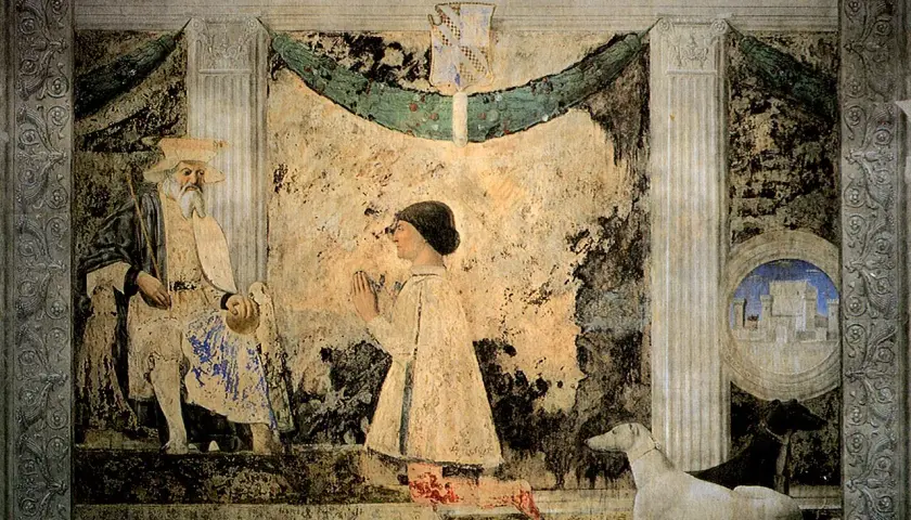 Affresco del Tempio Malatestiano, opera di Leon Battista Alberti, con un anziano barbuto e un giovane in preghiera, accompagnati da cani.