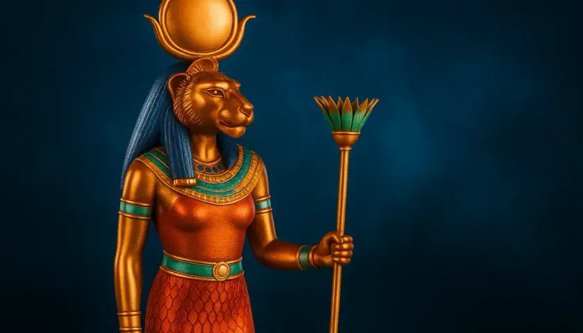 Statua dorata di Sekhmet, dio dell'amore egizio, con testa di leone, disco solare e scettro di loto.