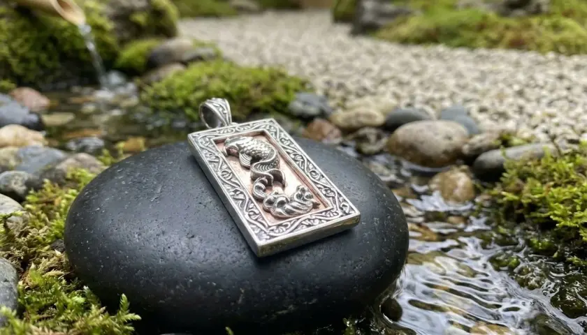 Ciondolo con drago, emblema della fortuna, adagiato su una pietra in un giardino zen con acqua corrente.
