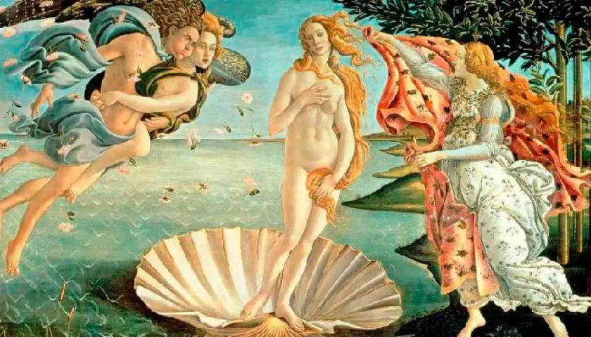 La dea della seduzione, Venere, emerge dal mare su una conchiglia, accolta da Zefiro e Aura, mentre una ninfa attende per coprirla.