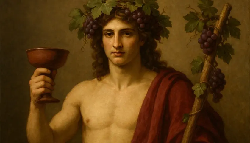 Dioniso, chi era? Il dio del vino, con corona d'uva e coppa in mano, avvolto in un drappo rosso.
