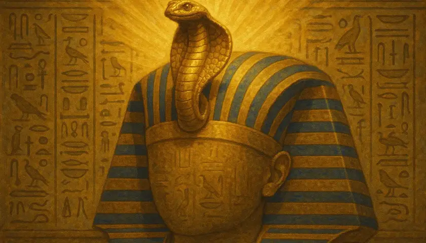 L'ascesa della divinità dei serpenti: un faraone dorato con cobra Uraeus e geroglifici sacri.