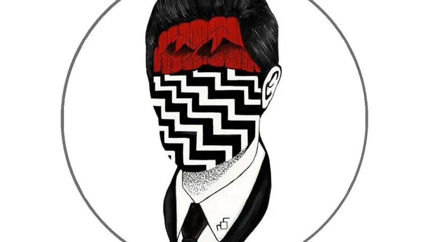 Volto stilizzato con montagne rosse e pattern a zig-zag, che evoca i **twin peaks simboli**.