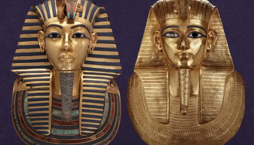 Maschere dorate di faraoni egiziani più importanti, Tutankhamon e un altro sovrano, su sfondo viola.