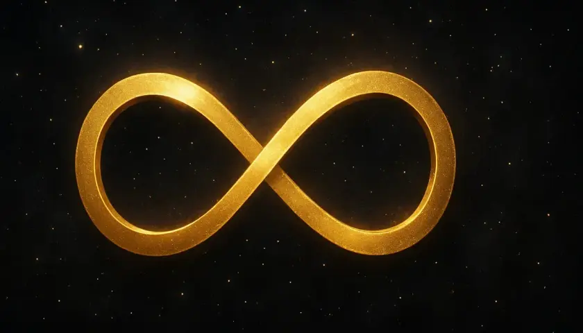 Simbolo dell'infinito significato: un nastro dorato che fluttua su uno sfondo stellato, evocando eternità e connessione.