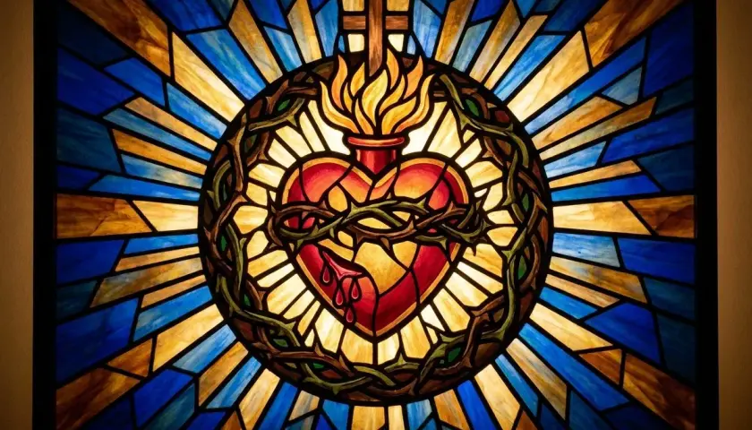 Vetrate colorate con il Sacro Cuore, simbolo di amore divino e rinascita, con un significato esoterico profondo.