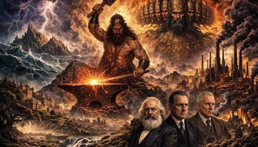 Un fabbro mitologico forgia il destino, mentre figure storiche osservano un'industria fumante. Il protome significato è la testa scolpita, simbolo di potere e origine.